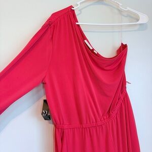 New York & Company Bold Pink One-Shoulder Pantsuit